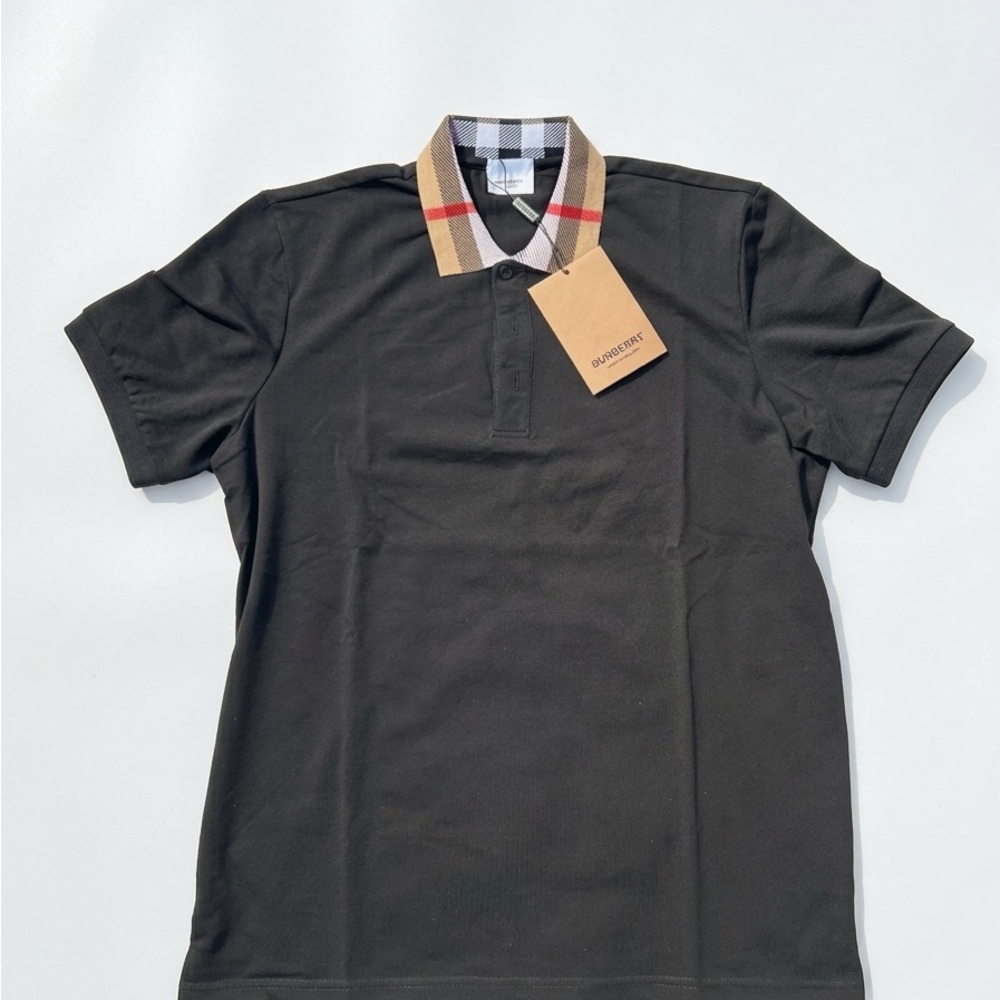 Burberry Black Polo with Signature Beige Check Collar